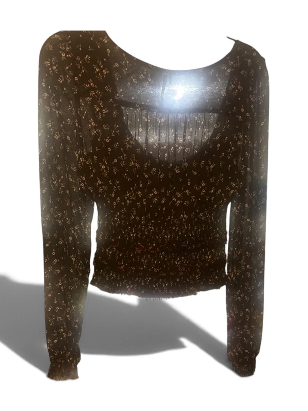 Free People Twyla Sheer Black Floral Print Smocked Long-Sleeve Crop Top.